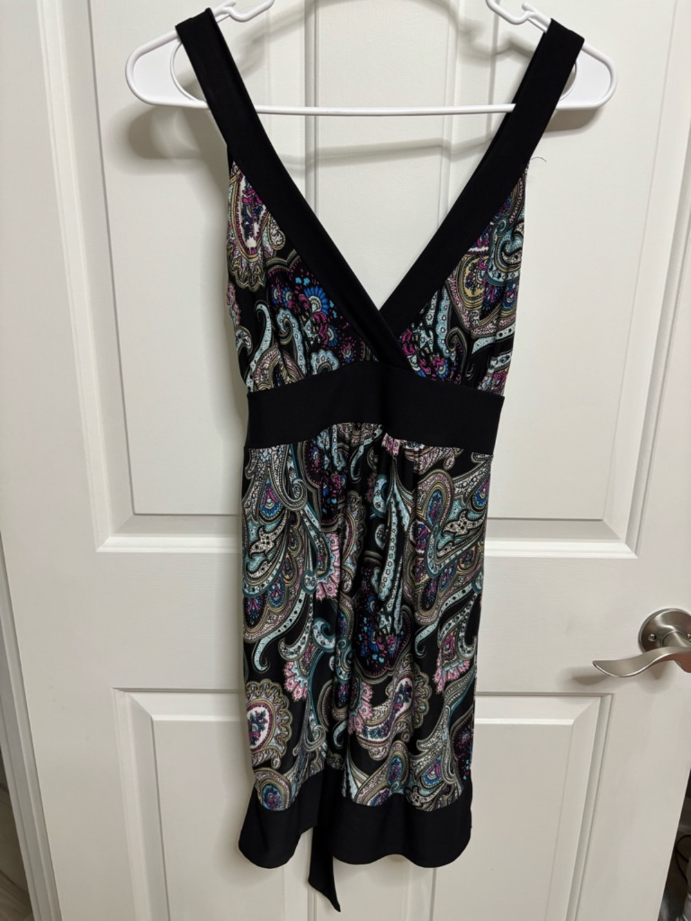 Black Paisley V-Neck Midi Dress with Multicolor Print